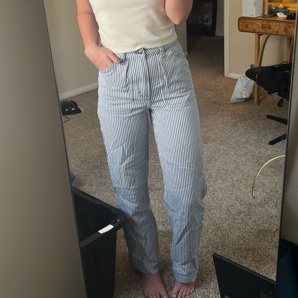 Blue pinstripe carpenter pants